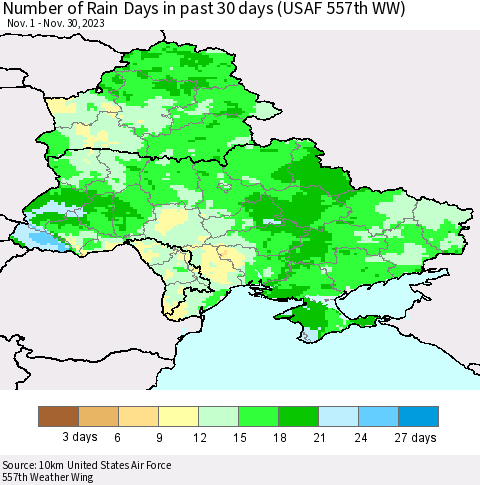 Ukraine, Moldova and Belarus Number of Rain Days in past 30 days (USAF 557th WW) 11/30/2023 Thematic Map For 11/26/2023 - 11/30/2023