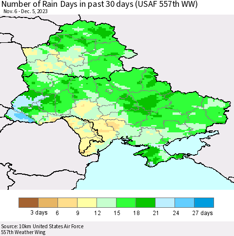 Ukraine, Moldova and Belarus Number of Rain Days in past 30 days (USAF 557th WW) 12/05/2023 Thematic Map For 12/1/2023 - 12/5/2023