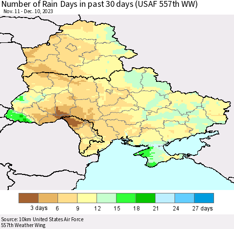 Ukraine, Moldova and Belarus Number of Rain Days in past 30 days (USAF 557th WW) 12/10/2023 Thematic Map For 12/6/2023 - 12/10/2023
