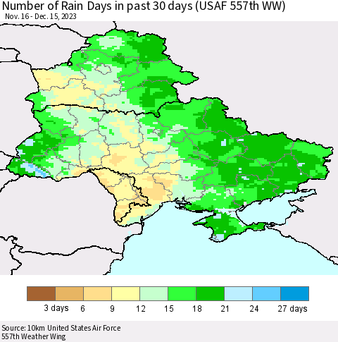 Ukraine, Moldova and Belarus Number of Rain Days in past 30 days (USAF 557th WW) 12/15/2023 Thematic Map For 12/11/2023 - 12/15/2023