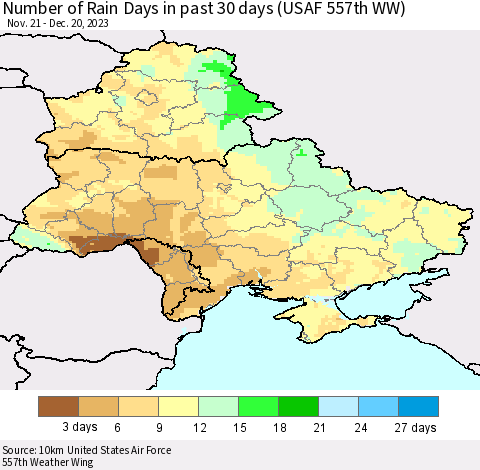 Ukraine, Moldova and Belarus Number of Rain Days in past 30 days (USAF 557th WW) 12/20/2023 Thematic Map For 12/16/2023 - 12/20/2023