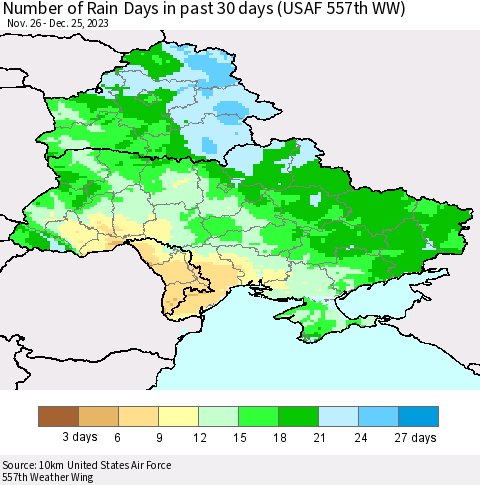 Ukraine, Moldova and Belarus Number of Rain Days in past 30 days (USAF 557th WW) 12/25/2023 Thematic Map For 12/21/2023 - 12/25/2023