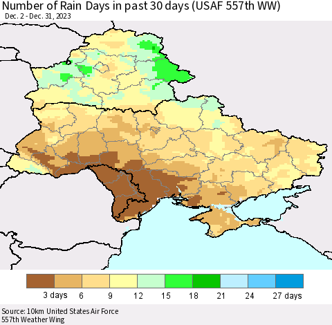 Ukraine, Moldova and Belarus Number of Rain Days in past 30 days (USAF 557th WW) 12/31/2023 Thematic Map For 12/26/2023 - 12/31/2023