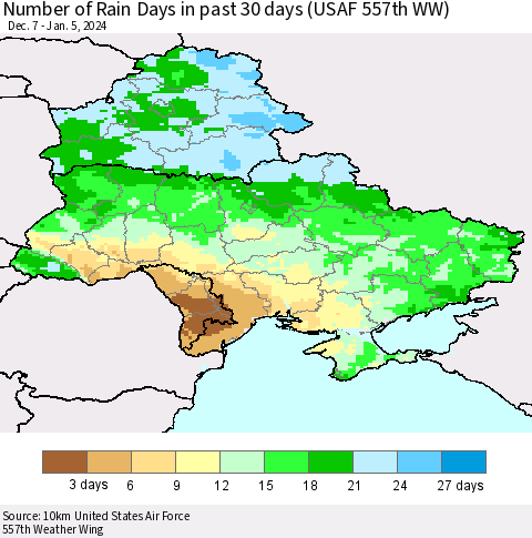 Ukraine, Moldova and Belarus Number of Rain Days in past 30 days (USAF 557th WW) 01/05/2024 Thematic Map For 1/1/2024 - 1/5/2024