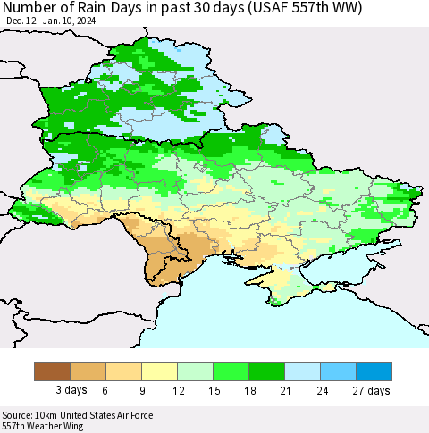 Ukraine, Moldova and Belarus Number of Rain Days in past 30 days (USAF 557th WW) 01/10/2024 Thematic Map For 1/6/2024 - 1/10/2024