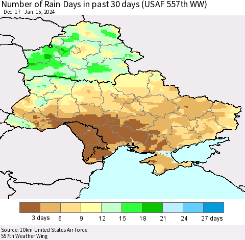 Ukraine, Moldova and Belarus Number of Rain Days in past 30 days (USAF 557th WW) 01/15/2024 Thematic Map For 1/11/2024 - 1/15/2024