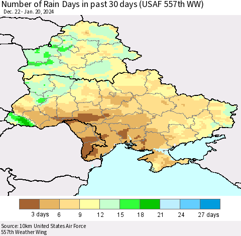 Ukraine, Moldova and Belarus Number of Rain Days in past 30 days (USAF 557th WW) 01/20/2024 Thematic Map For 1/16/2024 - 1/20/2024
