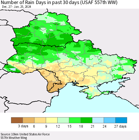 Ukraine, Moldova and Belarus Number of Rain Days in past 30 days (USAF 557th WW) 01/25/2024 Thematic Map For 1/21/2024 - 1/25/2024