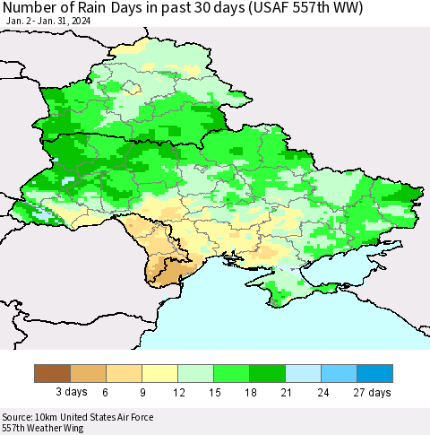 Ukraine, Moldova and Belarus Number of Rain Days in past 30 days (USAF 557th WW) 01/31/2024 Thematic Map For 1/26/2024 - 1/31/2024