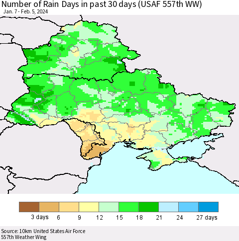 Ukraine, Moldova and Belarus Number of Rain Days in past 30 days (USAF 557th WW) 02/05/2024 Thematic Map For 2/1/2024 - 2/5/2024