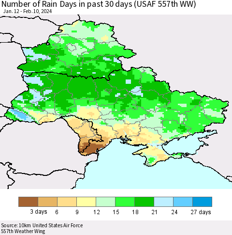 Ukraine, Moldova and Belarus Number of Rain Days in past 30 days (USAF 557th WW) 02/10/2024 Thematic Map For 2/6/2024 - 2/10/2024