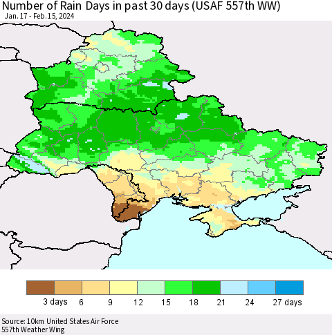 Ukraine, Moldova and Belarus Number of Rain Days in past 30 days (USAF 557th WW) 02/15/2024 Thematic Map For 2/11/2024 - 2/15/2024
