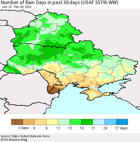 Ukraine, Moldova and Belarus Number of Rain Days in past 30 days (USAF 557th WW) 02/20/2024 Thematic Map For 2/16/2024 - 2/20/2024