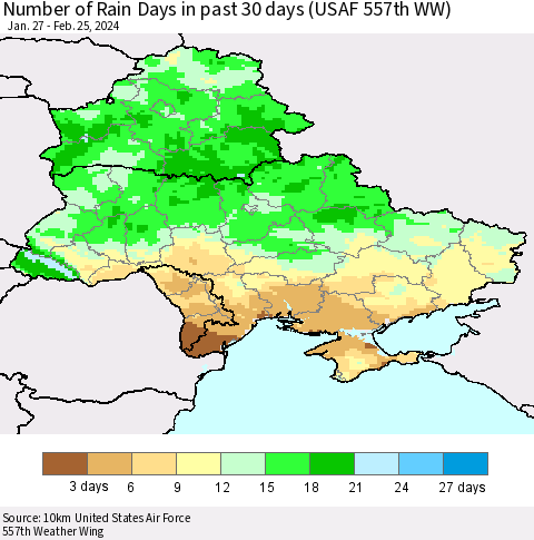 Ukraine, Moldova and Belarus Number of Rain Days in past 30 days (USAF 557th WW) 02/25/2024 Thematic Map For 2/21/2024 - 2/25/2024