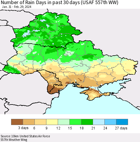 Ukraine, Moldova and Belarus Number of Rain Days in past 30 days (USAF 557th WW) 02/29/2024 Thematic Map For 2/26/2024 - 2/29/2024