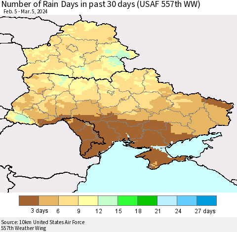 Ukraine, Moldova and Belarus Number of Rain Days in past 30 days (USAF 557th WW) 03/05/2024 Thematic Map For 3/1/2024 - 3/5/2024