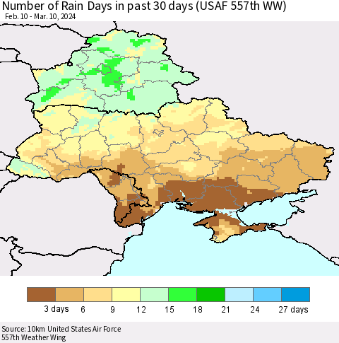Ukraine, Moldova and Belarus Number of Rain Days in past 30 days (USAF 557th WW) 03/10/2024 Thematic Map For 3/6/2024 - 3/10/2024