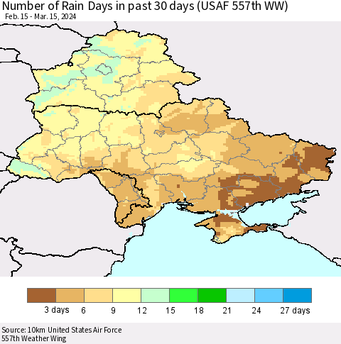 Ukraine, Moldova and Belarus Number of Rain Days in past 30 days (USAF 557th WW) 03/15/2024 Thematic Map For 3/11/2024 - 3/15/2024