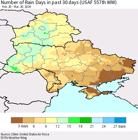 Ukraine, Moldova and Belarus Number of Rain Days in past 30 days (USAF 557th WW) 03/20/2024 Thematic Map For 3/16/2024 - 3/20/2024