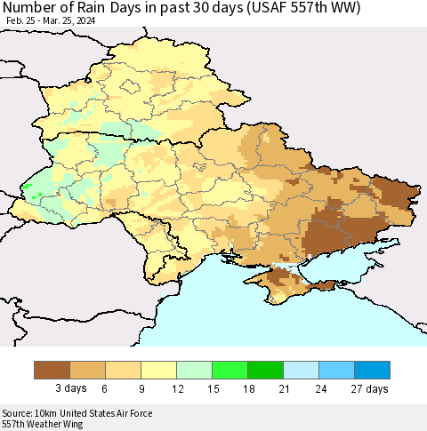 Ukraine, Moldova and Belarus Number of Rain Days in past 30 days (USAF 557th WW) 03/25/2024 Thematic Map For 3/21/2024 - 3/25/2024