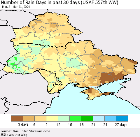 Ukraine, Moldova and Belarus Number of Rain Days in past 30 days (USAF 557th WW) 03/31/2024 Thematic Map For 3/26/2024 - 3/31/2024