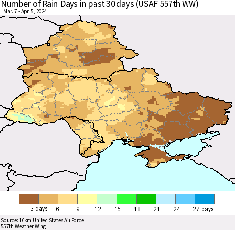 Ukraine, Moldova and Belarus Number of Rain Days in past 30 days (USAF 557th WW) 04/05/2024 Thematic Map For 4/1/2024 - 4/5/2024