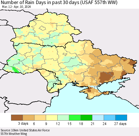Ukraine, Moldova and Belarus Number of Rain Days in past 30 days (USAF 557th WW) 04/10/2024 Thematic Map For 4/6/2024 - 4/10/2024