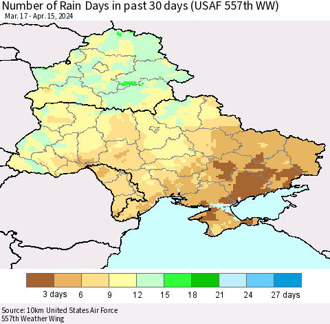 Ukraine, Moldova and Belarus Number of Rain Days in past 30 days (USAF 557th WW) 04/15/2024 Thematic Map For 4/11/2024 - 4/15/2024
