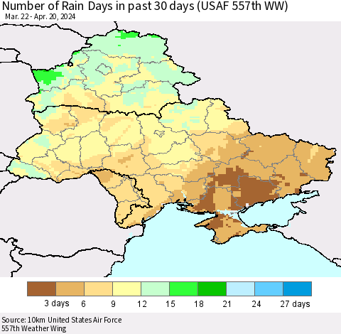 Ukraine, Moldova and Belarus Number of Rain Days in past 30 days (USAF 557th WW) 04/20/2024 Thematic Map For 4/16/2024 - 4/20/2024