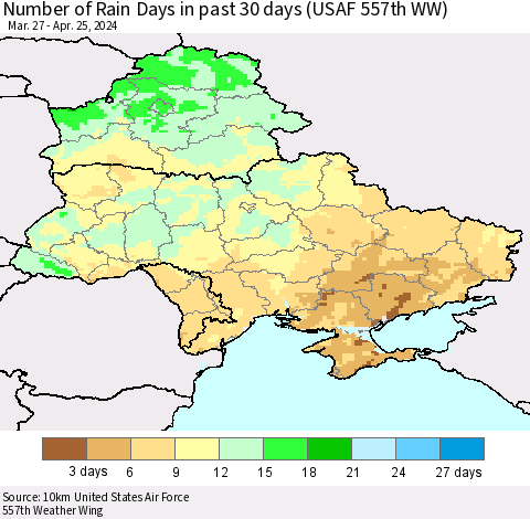 Ukraine, Moldova and Belarus Number of Rain Days in past 30 days (USAF 557th WW) 04/25/2024 Thematic Map For 4/21/2024 - 4/25/2024