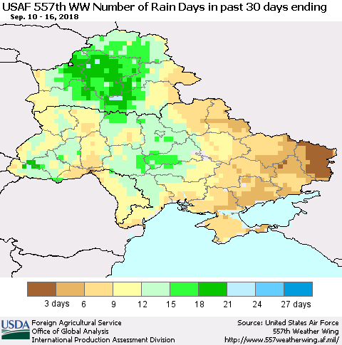Ukraine, Moldova and Belarus Number of Rain Days in past 30 days (USAF 557th WW) 09/16/2018 Thematic Map For 9/10/2018 - 9/16/2018