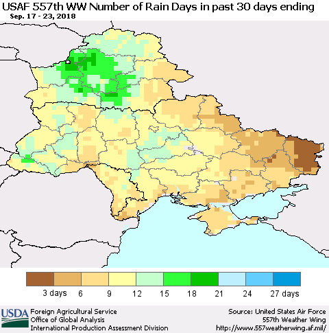 Ukraine, Moldova and Belarus Number of Rain Days in past 30 days (USAF 557th WW) 09/23/2018 Thematic Map For 9/17/2018 - 9/23/2018