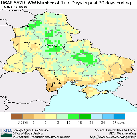 Ukraine, Moldova and Belarus Number of Rain Days in past 30 days (USAF 557th WW) 10/07/2018 Thematic Map For 10/1/2018 - 10/7/2018
