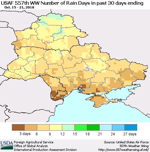 Ukraine, Moldova and Belarus Number of Rain Days in past 30 days (USAF 557th WW) 10/21/2018 Thematic Map For 10/15/2018 - 10/21/2018
