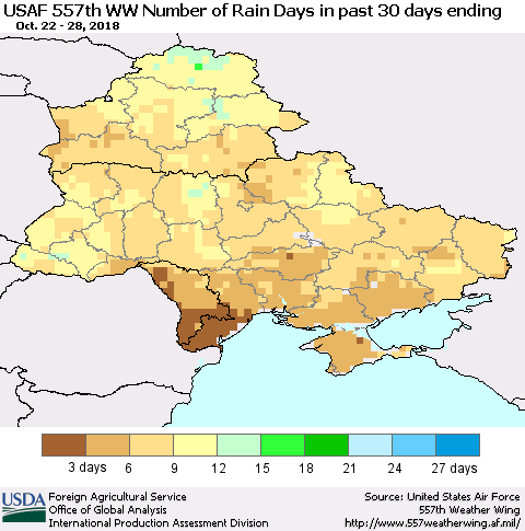 Ukraine, Moldova and Belarus Number of Rain Days in past 30 days (USAF 557th WW) 10/28/2018 Thematic Map For 10/22/2018 - 10/28/2018