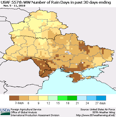 Ukraine, Moldova and Belarus Number of Rain Days in past 30 days (USAF 557th WW) 11/11/2018 Thematic Map For 11/5/2018 - 11/11/2018