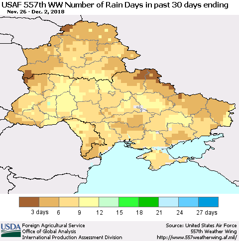 Ukraine, Moldova and Belarus Number of Rain Days in past 30 days (USAF 557th WW) 12/02/2018 Thematic Map For 11/26/2018 - 12/2/2018