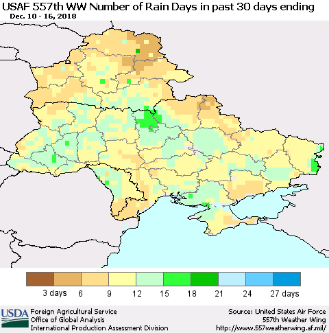 Ukraine, Moldova and Belarus Number of Rain Days in past 30 days (USAF 557th WW) 12/16/2018 Thematic Map For 12/10/2018 - 12/16/2018