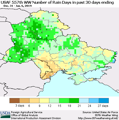 Ukraine, Moldova and Belarus Number of Rain Days in past 30 days (USAF 557th WW) 01/06/2019 Thematic Map For 12/31/2018 - 1/6/2019