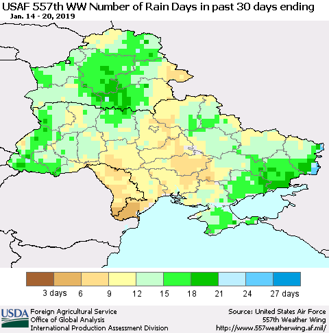 Ukraine, Moldova and Belarus Number of Rain Days in past 30 days (USAF 557th WW) 01/20/2019 Thematic Map For 1/14/2019 - 1/20/2019