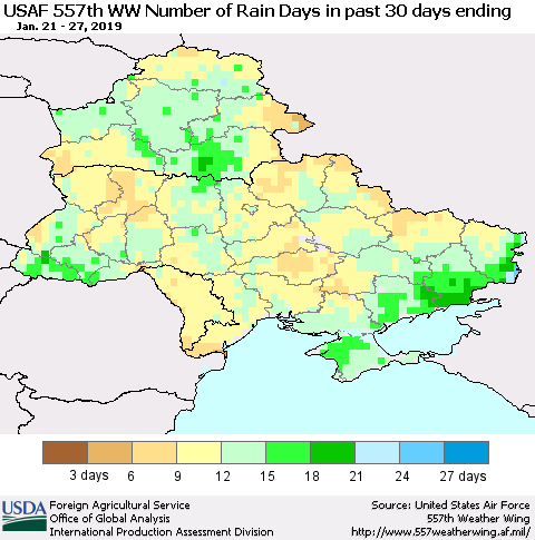 Ukraine, Moldova and Belarus Number of Rain Days in past 30 days (USAF 557th WW) 01/27/2019 Thematic Map For 1/21/2019 - 1/27/2019