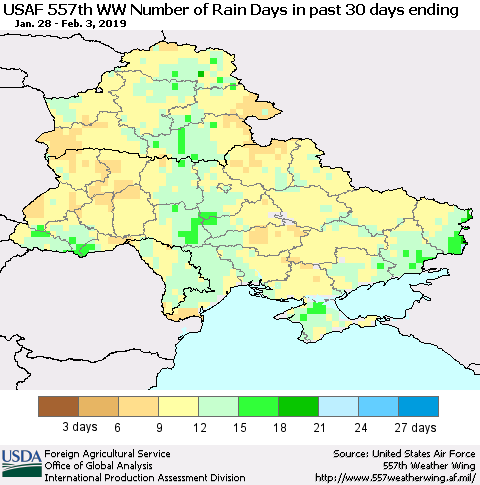 Ukraine, Moldova and Belarus Number of Rain Days in past 30 days (USAF 557th WW) 02/03/2019 Thematic Map For 1/28/2019 - 2/3/2019
