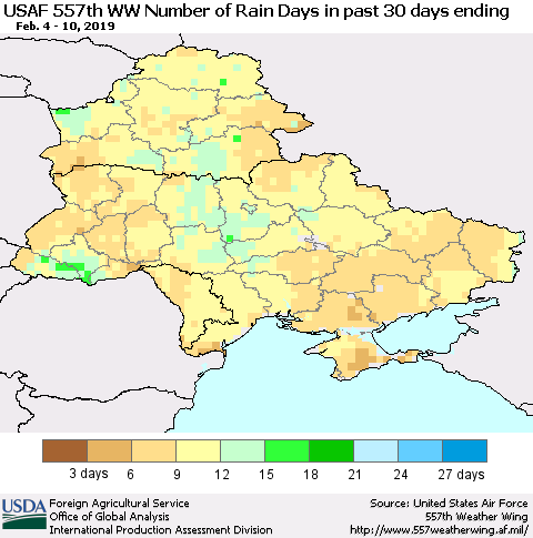 Ukraine, Moldova and Belarus Number of Rain Days in past 30 days (USAF 557th WW) 02/10/2019 Thematic Map For 2/4/2019 - 2/10/2019