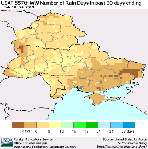 Ukraine, Moldova and Belarus Number of Rain Days in past 30 days (USAF 557th WW) 02/24/2019 Thematic Map For 2/18/2019 - 2/24/2019