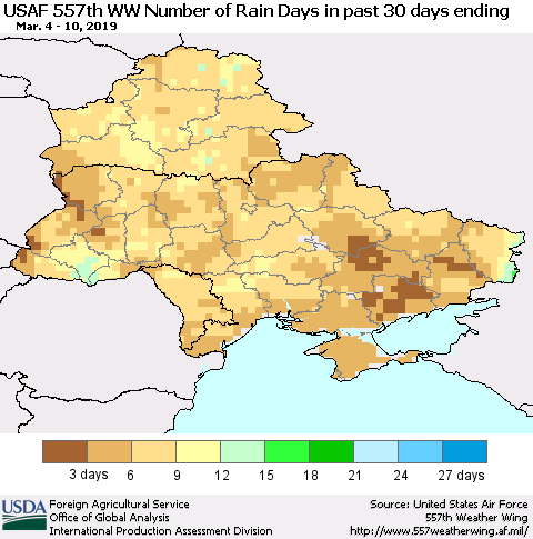 Ukraine, Moldova and Belarus Number of Rain Days in past 30 days (USAF 557th WW) 03/10/2019 Thematic Map For 3/4/2019 - 3/10/2019