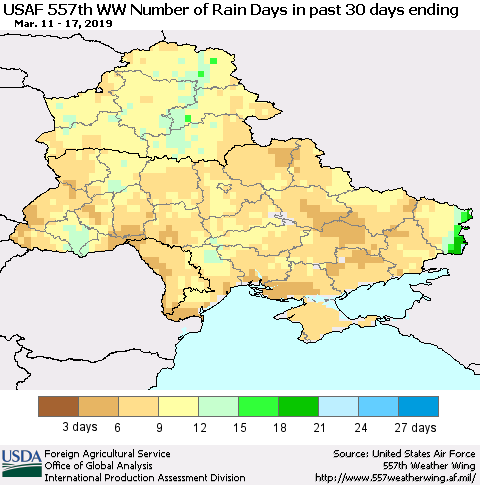 Ukraine, Moldova and Belarus Number of Rain Days in past 30 days (USAF 557th WW) 03/17/2019 Thematic Map For 3/11/2019 - 3/17/2019