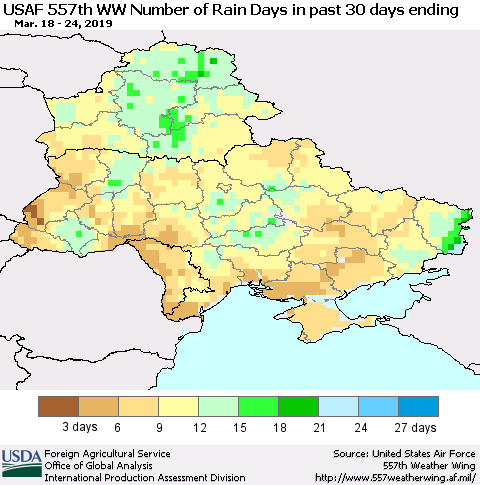 Ukraine, Moldova and Belarus Number of Rain Days in past 30 days (USAF 557th WW) 03/24/2019 Thematic Map For 3/18/2019 - 3/24/2019