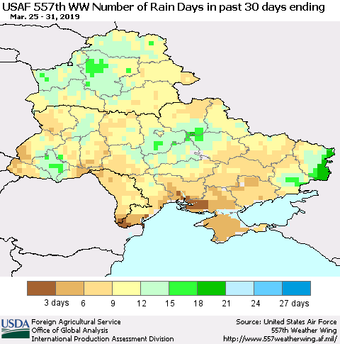 Ukraine, Moldova and Belarus Number of Rain Days in past 30 days (USAF 557th WW) 03/31/2019 Thematic Map For 3/25/2019 - 3/31/2019