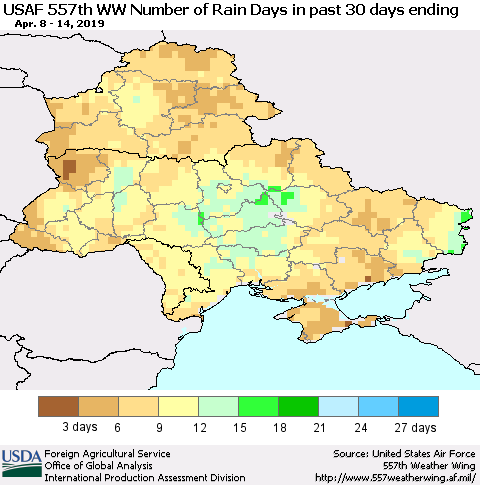 Ukraine, Moldova and Belarus Number of Rain Days in past 30 days (USAF 557th WW) 04/14/2019 Thematic Map For 4/8/2019 - 4/14/2019