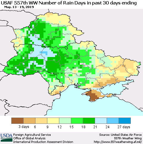 Ukraine, Moldova and Belarus Number of Rain Days in past 30 days (USAF 557th WW) 05/19/2019 Thematic Map For 5/13/2019 - 5/19/2019